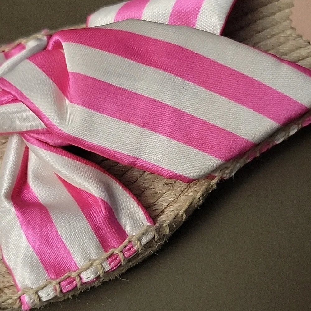 J. Crew Twisted Knot Espadrille Sandals Pink White Cabana Stripe Slides Flats 9